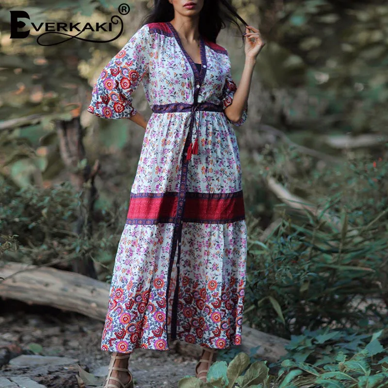 Everkaki бохо с принтом женские длинные платья кисточками поясом летние vestidos Gypsy для