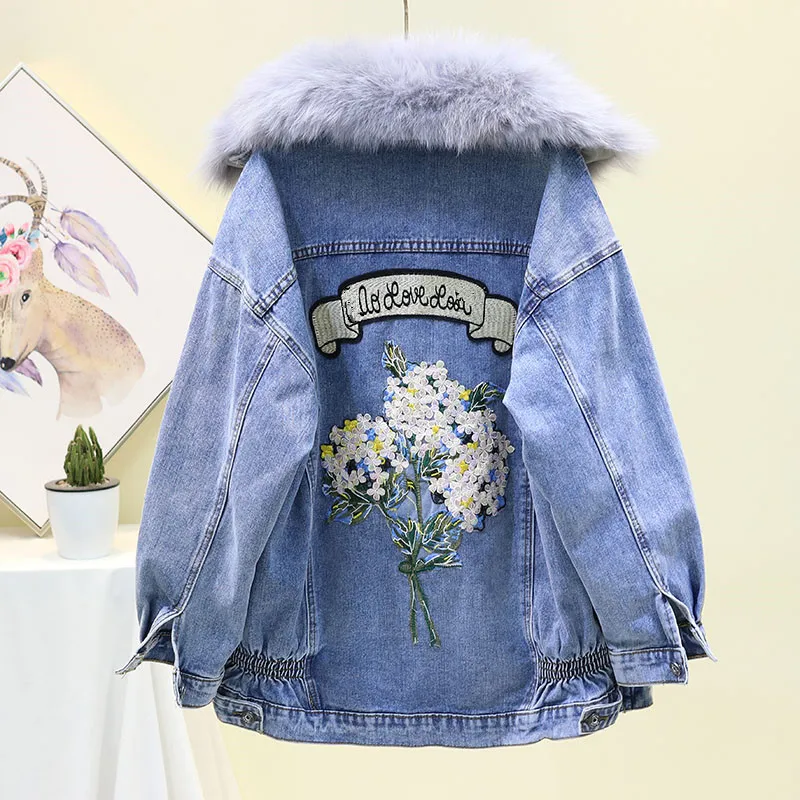Зимняя новая джинсовая куртка Женская свободная съемная подкладка из кроличьего