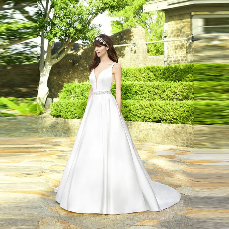 

Latest Modern Simple A Line Satin Bride Wedding Dresses Backless Plunge V Neck Bridal Gowns Sleeveless Beaded Waist On Sale