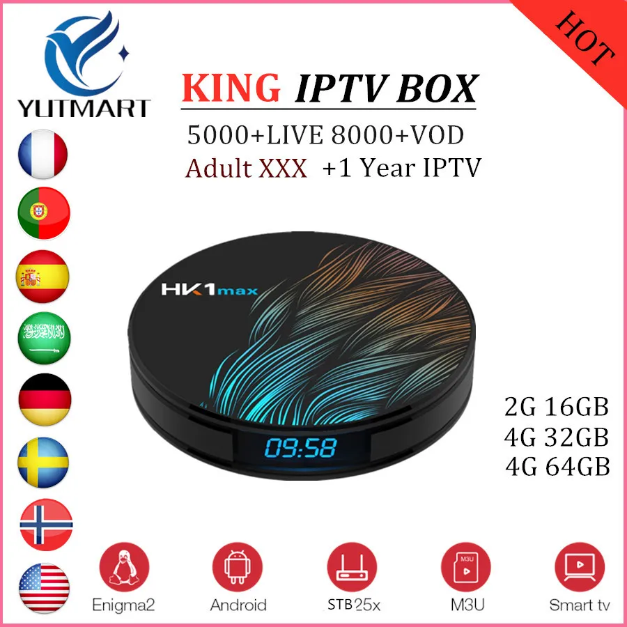 HK1 Max smart tv Box Android 9,0+ 1 год KING подписка для Франции арабский испанско-португальский скандинавский IPTV m3u enigma2 smart tv