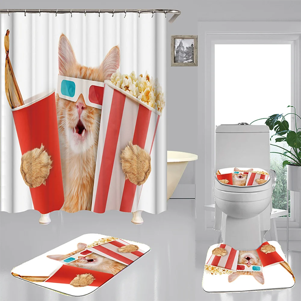 

Funny Cat Waterproof Shower Curtain 4 Set Piece Carpet Cover Toilet Cover Bath Mat Pad Home Bathroom Decoration 5 Pattern