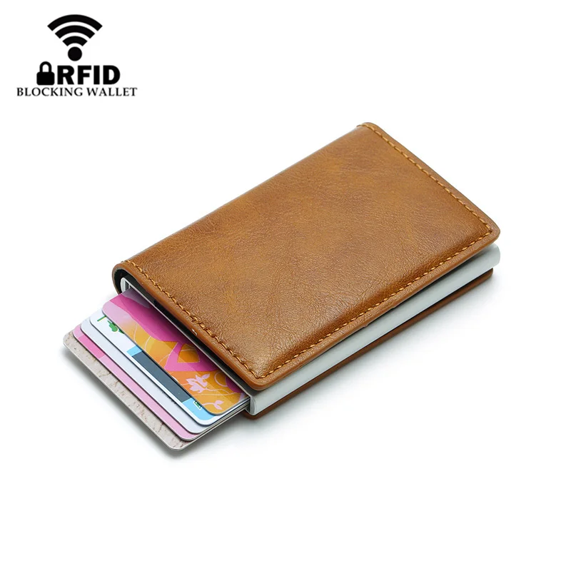 Автоматический Металлический кредитный держатель для карт с блокировкой RFID, винтажный Противоугонный мужской кожаный бумажник, алюминиевый чехол для банковских карт