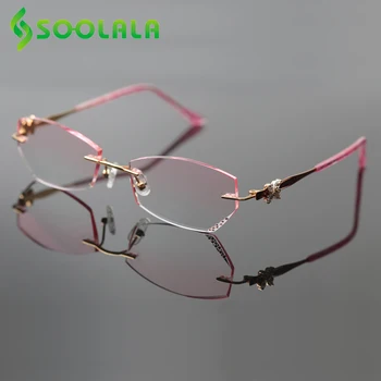 

SOOLALA Titanium Diamond Cutting Rimless Anti Blue Light Reading Glasses Women with Rhinestone 1.61 Index Glasses Frame