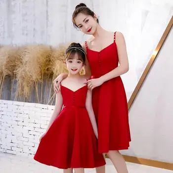 

Red Suspender Mother Daughter Dresses Wedding Clothes Mom and Me Dress Ball Gown Mum Girls Evening Dress Family Match Outfits