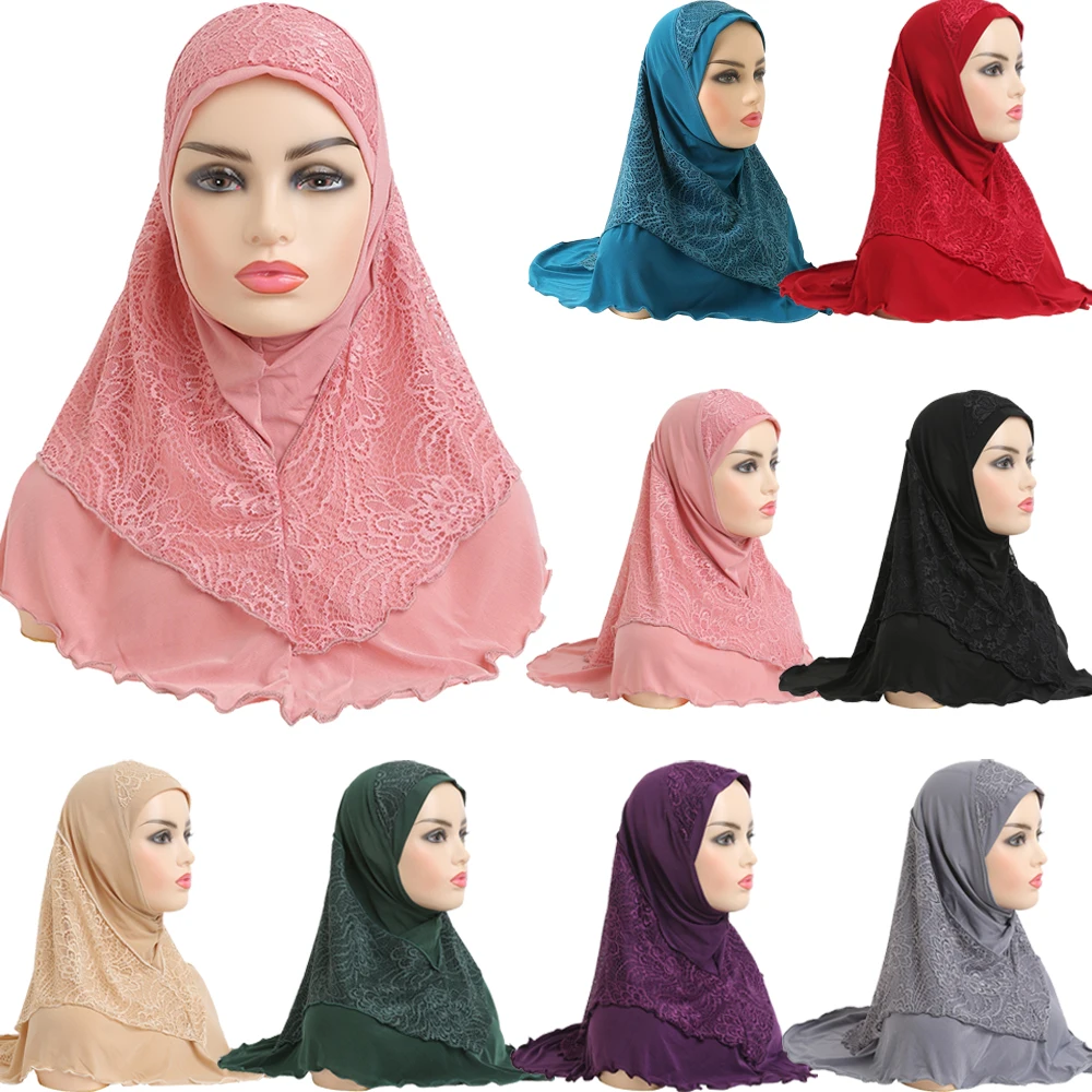 

High Quality Medium Size 70*60cm Muslim Amira Hijab with Lace Pull On Islamic Scarf Head Wrap Pray Scarves Women's Headwear Hat