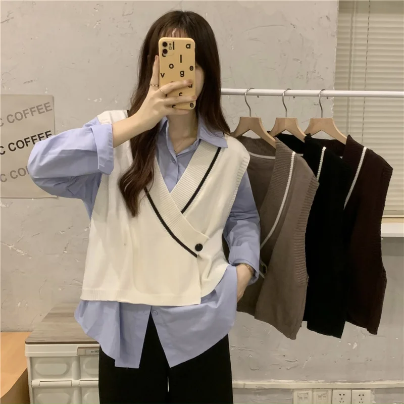 Fall 2021 Korean Style Design V-collar Contrast Color Loose Knitted Outer Wear Vest Women Fashion Rac |