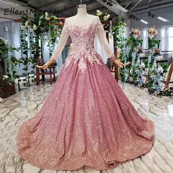 

Saudi Arabian Glitter Evening Dresses Long Sleeves Elegant 2019 Boat Neck Applique Lace up Formal Event Party Women