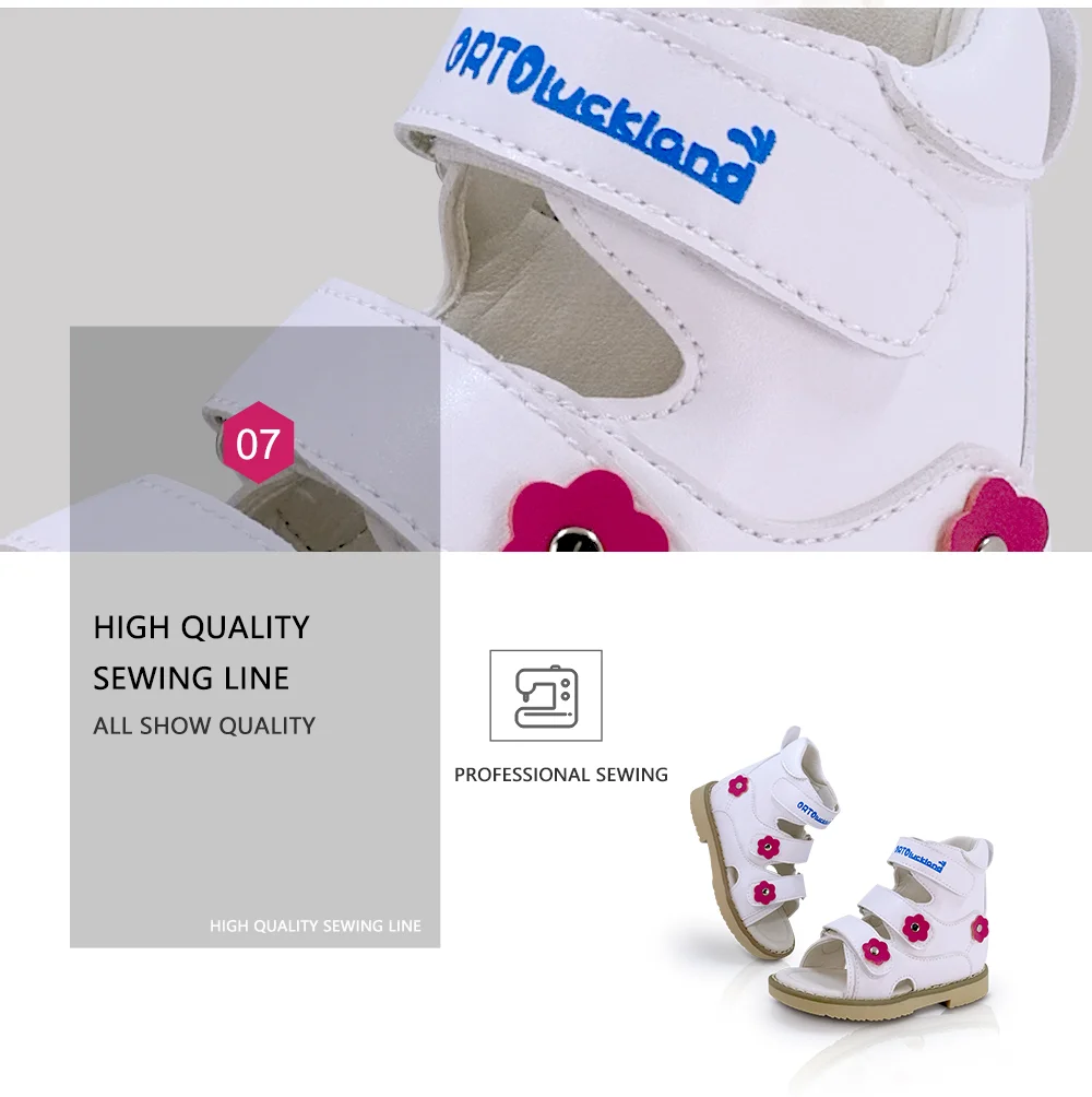 Kids Girls High-top Corrective Shoes White Genuine Leather Orthopedic Sandals with Lovely Flower Spring Summer Shoes for Health