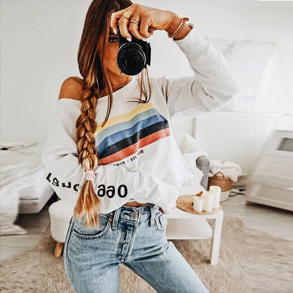 JAYCOSIN Fashion Womens Long Sleeve Rainbow Stripes Sweatshirt Casual Cool Chic New Look Comfortable Pullover Letter Tops Blouse