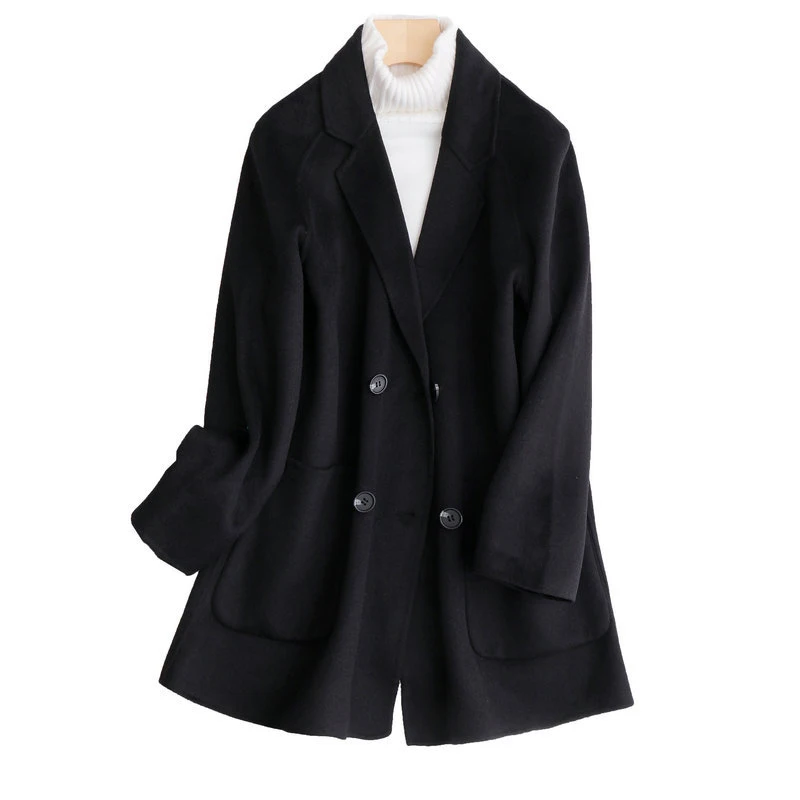 Женское пальто средней длины с отложным воротником и пуговицами, шерстяное женское серое Черное Осеннее шерстяное пальто Casaco Feminino - Цвет: Черный