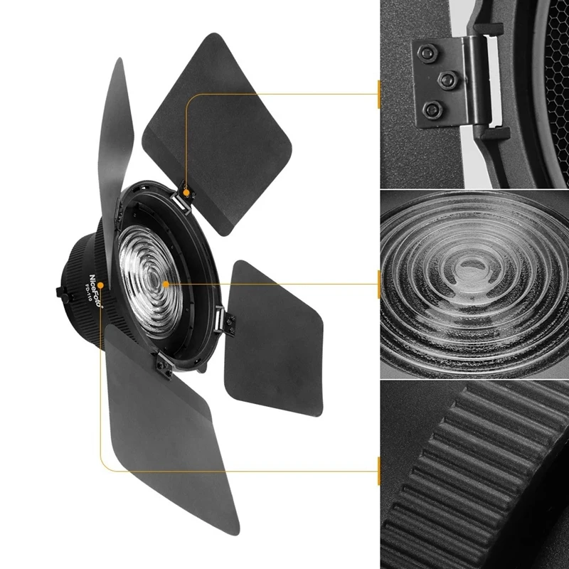 NiceFoto FD-110 Fresnel Mount Light Focusing Adapter for Bowens Mount LED Video Light with Lights Honeycomb Grids Barn Doors