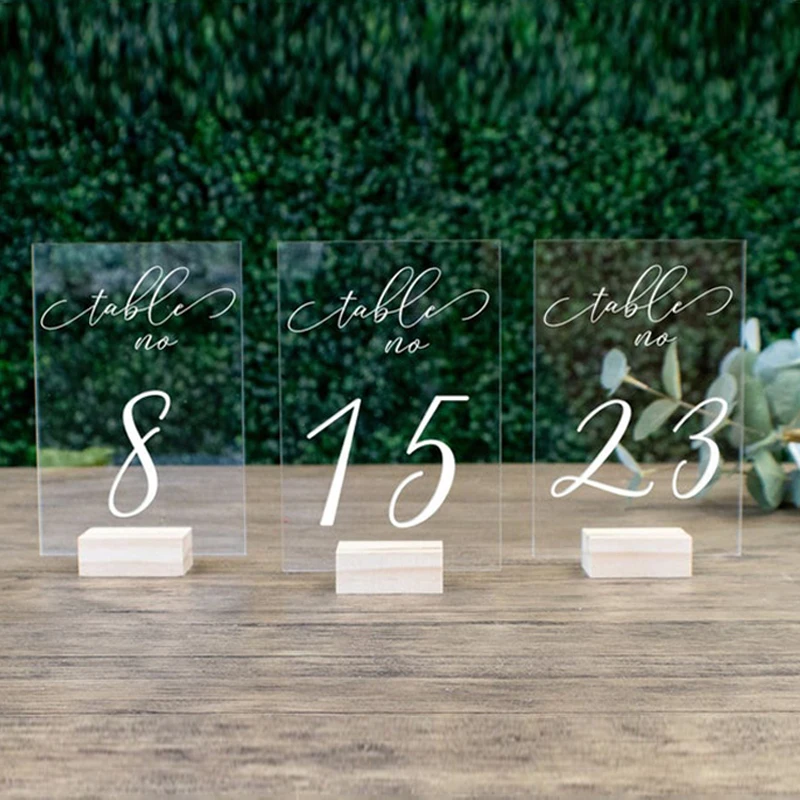 Personalized Wedding Table Numbers with Holders Calligraphy Acrylic Table Number,Wedding Signage Clear Wood Number Stand