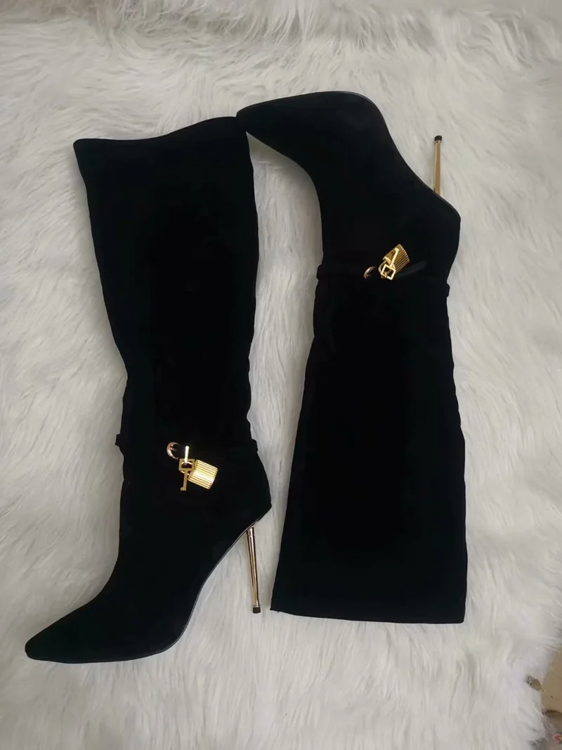 Botas altas de punta estrecha para mujer, botines sexys con cierre dorado,  de ante negro, marrón, dorado, tacones de Metal, botas largas, zapatos de  vestir elásticos para invierno, 2021|Botas sobre la rodilla| - AliExpress