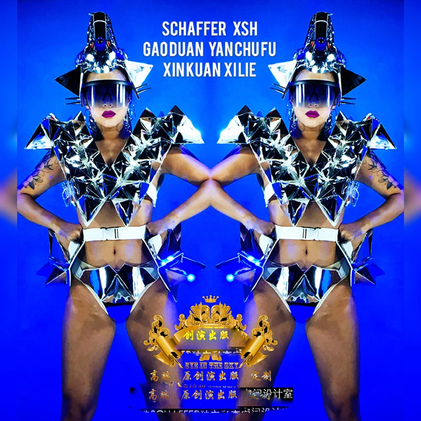 Nightclub GOGO Women's Mirror Metal Triangle LED Light Costume future technology show Space Star armor robot dance clothing |