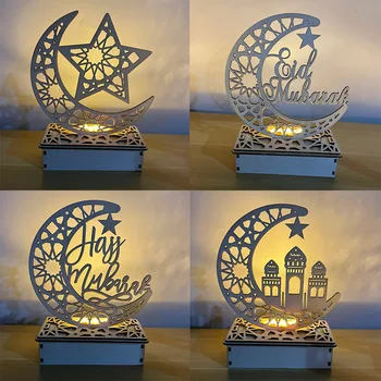 Ramadan Houten Decoratie Islam Moskee Eid Mubarak Hout Ambacht Warm Lights Led Base Ramadan 2021 Ornament Moon Stars Eid Al-Fitr