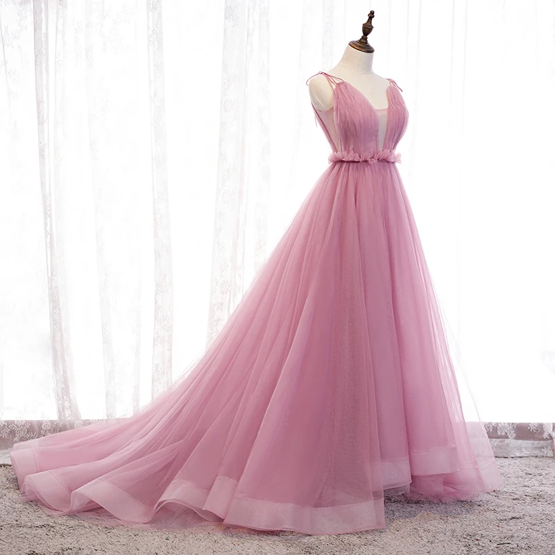 Вечернее платье Abendkleider Robe De Soiree Новое дизайнерское платье для выпускного вечера с v-образным вырезом из розового тюля ТРАПЕЦИЕВИДНОЕ вечернее платье длинное платье