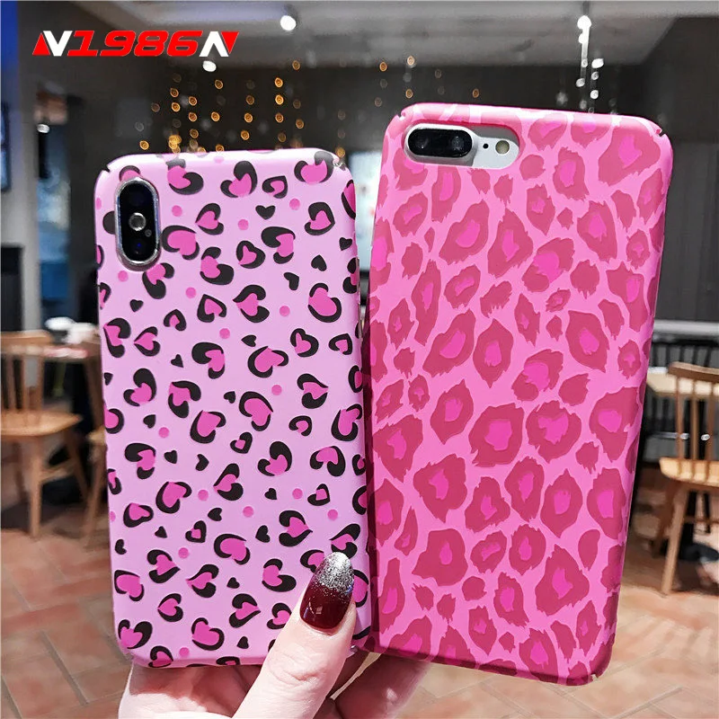 

N1986N For iPhone 6 6s 7 8 Plus X XR XS Max Phone Case Fashion Pink Leopard Print Love Heart Hard PC Full Cover For iPhone XS