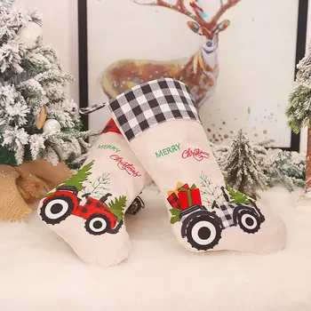 

Christmas Ornament Burlap Machine Embroidered Christmas Stockings Creative Cartoon Tractor Christmas Decoration Sock For Tree