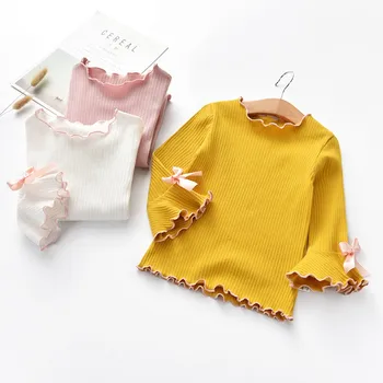 

Spring Fall Girls T-shirts Kids White Pink Yellow Long Sleeve Lace Bow Baby Girl Tops t shirt Toddler Clothes Children Gifts