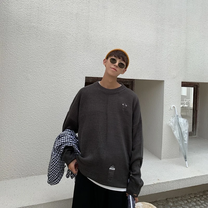 Autumn New Hole Sweater Men Fashion Solid Color Casual Knit Sweaters Man Sweter Clothes Loose Long-sleeved Pullover Men Autumn New Hole Sweater Men Fashion Solid Color Casual Knit Sweaters Man Sweter Clothes Loose Long-sleeved Pullover Men