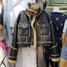 Short Lamb Wool Patch Faux Leather Coat Women's Cool Motorcycle Jacket 2021 Winter New Zipper Outwears Female Warm Top