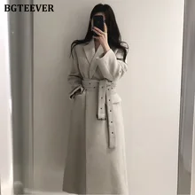 BGTEEVER, корейское одноцветное шерстяное пальто с зубчатым воротником и поясом, женское теплое длинное зимнее пальто, модное женское твидовое пальто