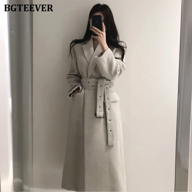 BGTEEVER корейское одноцветное шерстяное пальто с зубчатым воротником и поясом