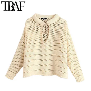 

TRAF Women Vintage Stylish Hollow Out Short Style Knitted Sweater Fashion O Neck Long Sleeve See Through Pullovers Chic Tops