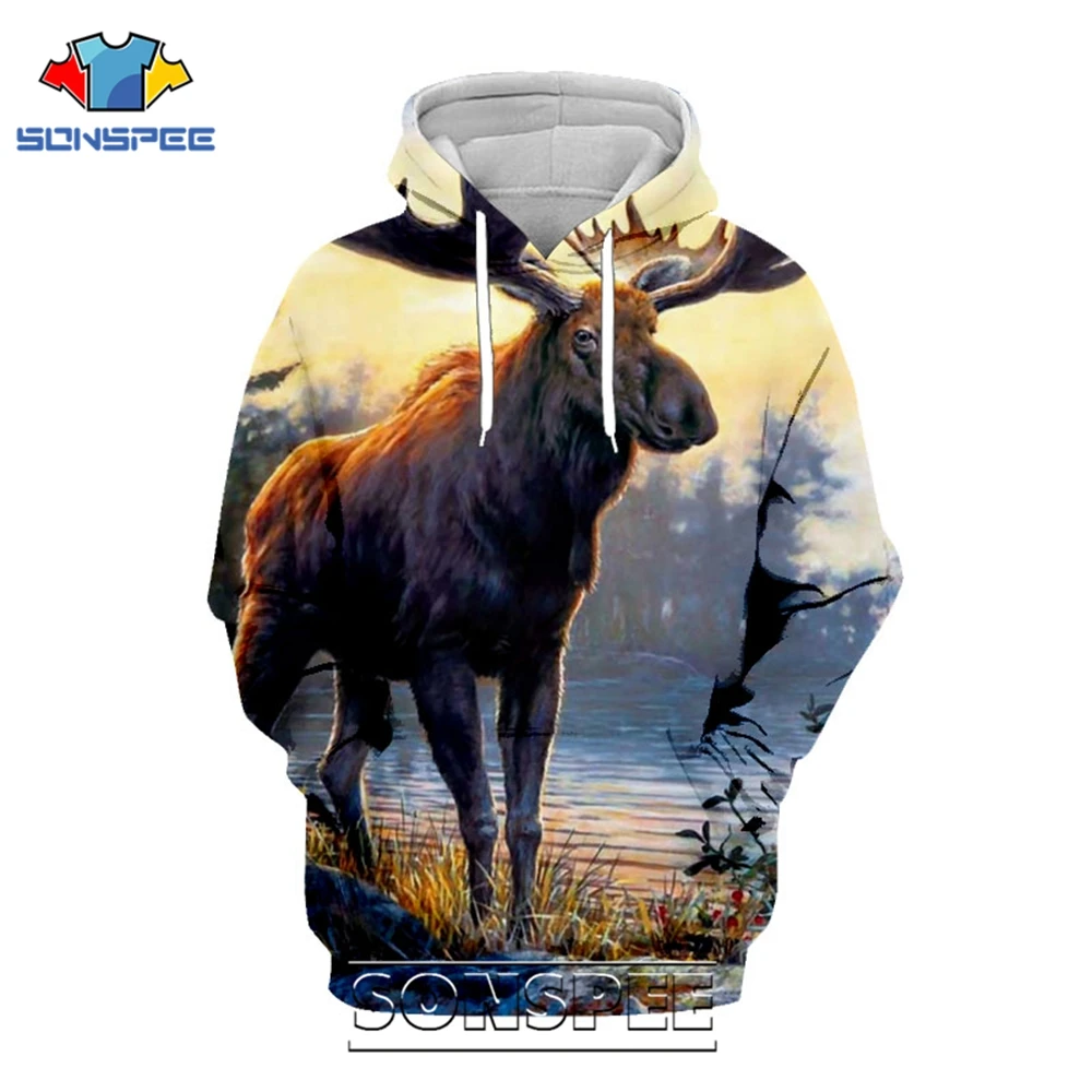 

SONSPEE 3D Print Moose Men's Hoodie Casual Hip Hop Harajuku Coat Streetwear Pullover Tops Unisex Nature Snow Animal Sweatshirt