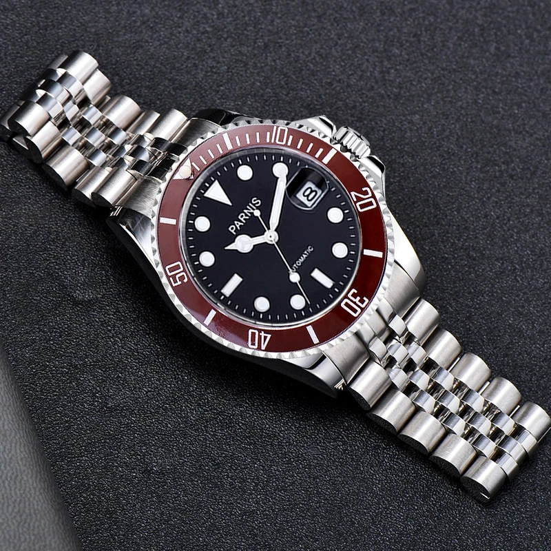 

Мужские механические часы PARNIS Luxury SUB MIYOTA8215 Move, мужские часы, черный циферблат, Красный Безель, вставка, Юбилейный браслет, мужские часы