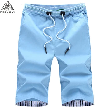 

PEILOW Summer Casual Shorts Men Cotton Slim Fit Solid Color Knee length Elastic Waist Bermuda beach shorts trousers size M~5XL