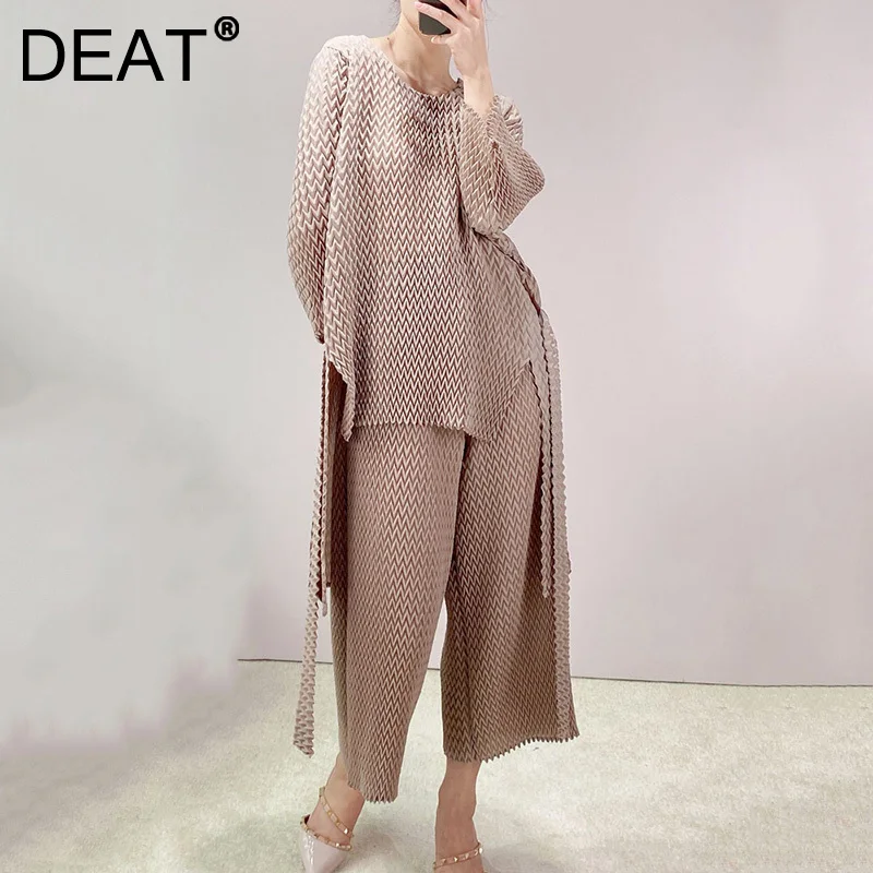 DEAT Women Pleated Suit Asymmetry Lacing Long Sleeve Shirt + Wide Leg