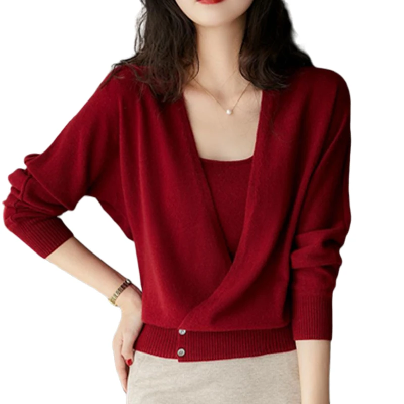 

Wool Cashmere Wine Color Red Knitted Cardigan Suspender 2-piece Sets Autumn Sweaters Soft Pullovers For Fashion Lady Yalabovso