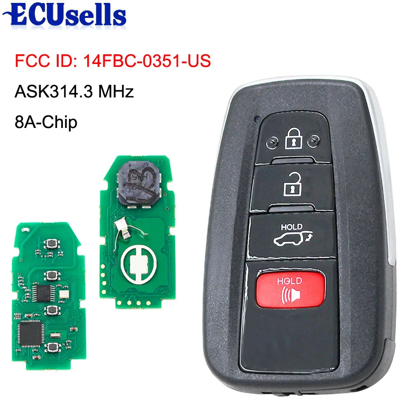 3+1/4 Button ASK314.3MHz Smart Remote Key Fob 8A-Chip FCC ID:14FBC-0351-US suit for- RAV4(aftermarket