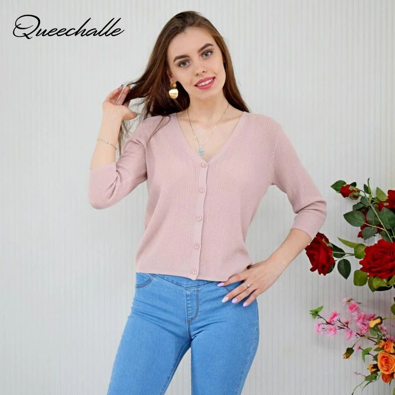 Queechalle Summer gray white black pink apricot women knitted cardigans female v neck half sleeve casual thin short coat ladies |