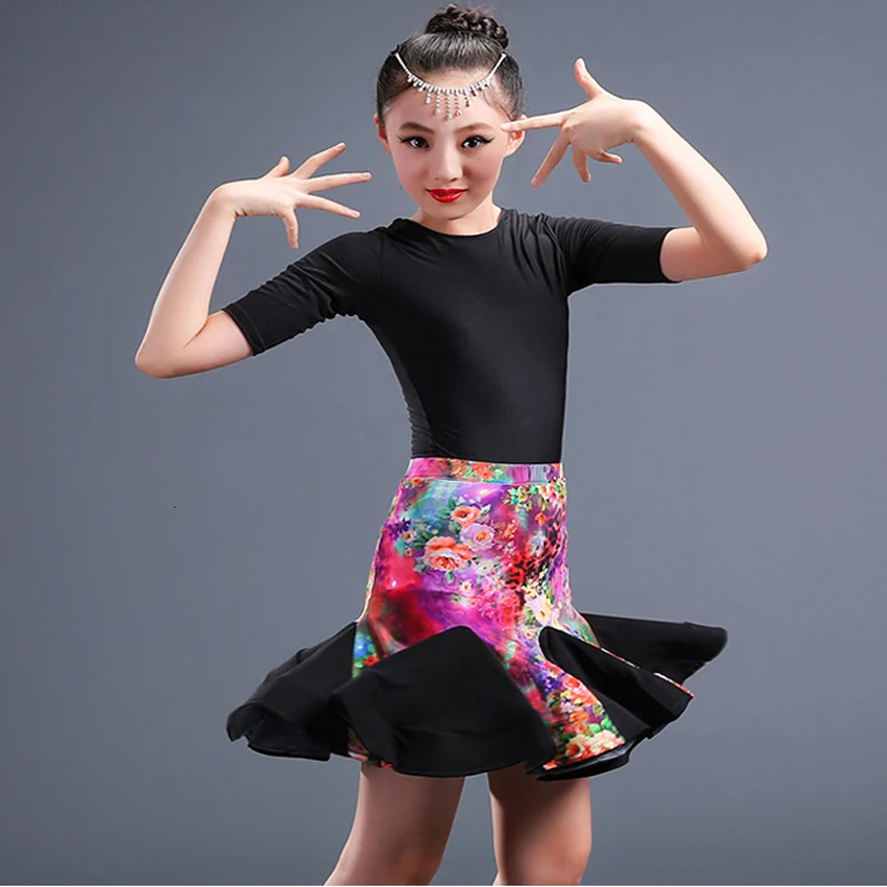 Songyuexia дети Латинской Танцы Костюмы детская с короткими рукавами штамп для девочек латинская юбка для танцев малыш Латинской Танцы платья