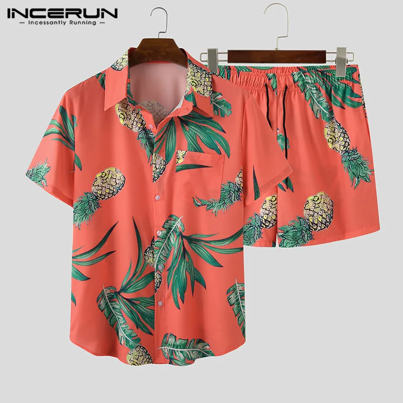 Casual Shorts Shirt Hawaiian-Suit Printed-Sets Streetwear INCERUN Summer Men Beach 2pieces