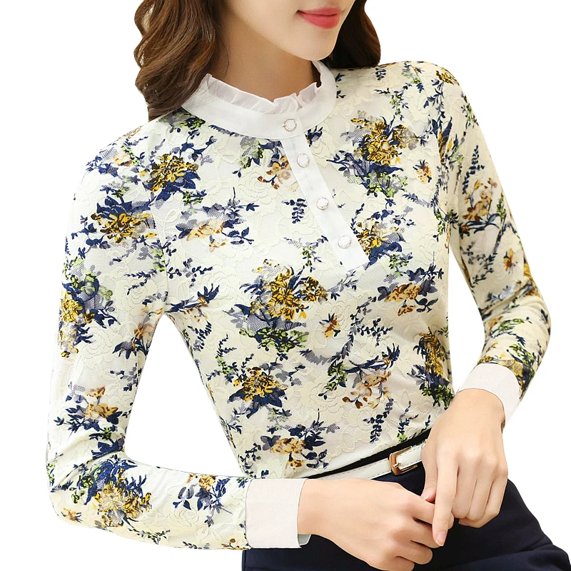 

JUAY KALA Women Blouse 5-color Plus Velvet Lace Shirt Women's Long-sleeved Autumn And Winter Warm Top  