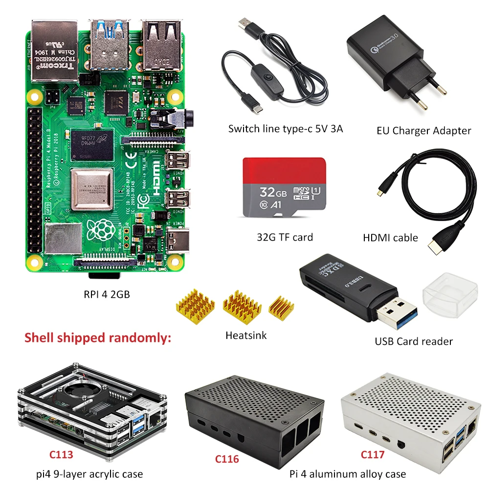 Raspberry Pi 4 B 2 ГБ/4 Гб комплект 3 вида чехол+ адаптер питания ЕС+ линия переключения+ 16 Гб/32 ГБ TF карта+ USB кардридер+ кабель HDMI