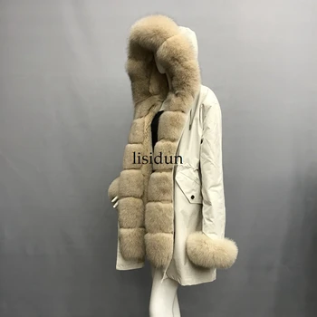 

2019 natural fox fur coat Silver Fox collar plus size long winter Jacket Rex rabbit liner red fox hooded thick warm parks Disass
