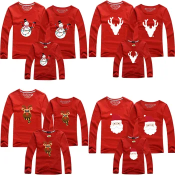 

Family Christmas Matching Clothes Full Sleeve Mother Daughter T-shirts Elf Santa Claus Reindeer Elk Print Tees Red Pajamas Top