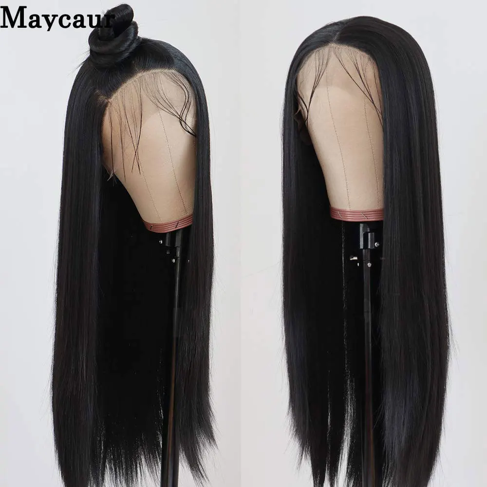 Maycaur синтетические парики на кружеве длинные прямые парики черные термостойкие парики с естественными головными углами - Цвет: black