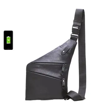 

banabanma Men Chest Bag USB Port Anti-theft PU Leather Single Shoulder Cross-body Casual Satchel