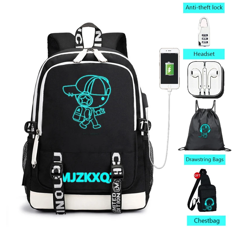 Anti-theft Backpack Luminous Casual School Travel Bags with USB Charging Bag 