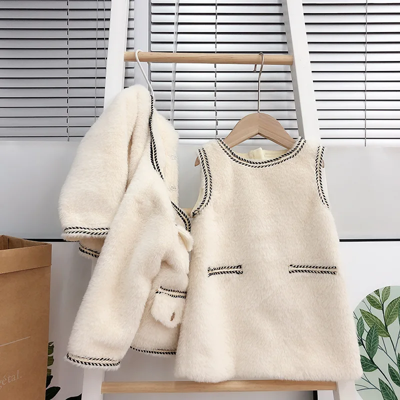 

Toddler Girl Clothes Sets 2019 New Girls Winter Clothes Suits Fur Coat And Vest Dresses 2 Pcs Sets Cute Boutique Outfits