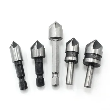 

5PCS 82 degree five-blade chamfering countersunk fast guiding chamfering knife wood centering round handle hex handle set