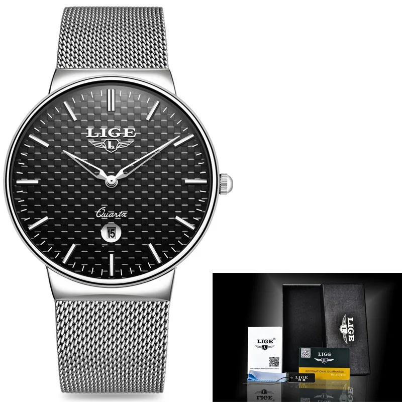 LG, модные мужские часы, Топ бренд, роскошные, золотые, цвет, кварцевые часы, мужские, стальной сетчатый ремешок, водонепроницаемые, золотые часы, Relogio Masculino - Цвет: Steel silver black
