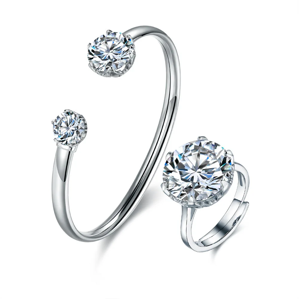 

European and Amerian Cubic Zirconia Jewelry Set Resizable Open Bracelet and Finger Ring Sets for Daily Party Wearing