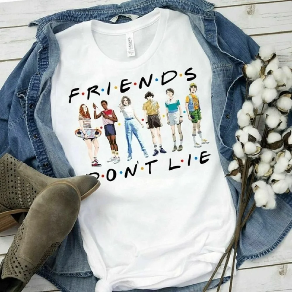 

Simple Men Stranger Things Letter Print Plus Size T Shirt White Short Sleeve Friends Dont Lie Printing Tee Summe Tops MenT-shirt