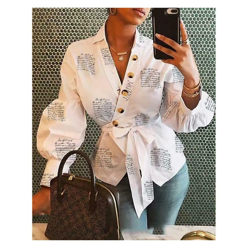 Women Casual Blouse Printed Button V Neck Shirt Long Sleeve Loose Bandage Tops white long sleeve top